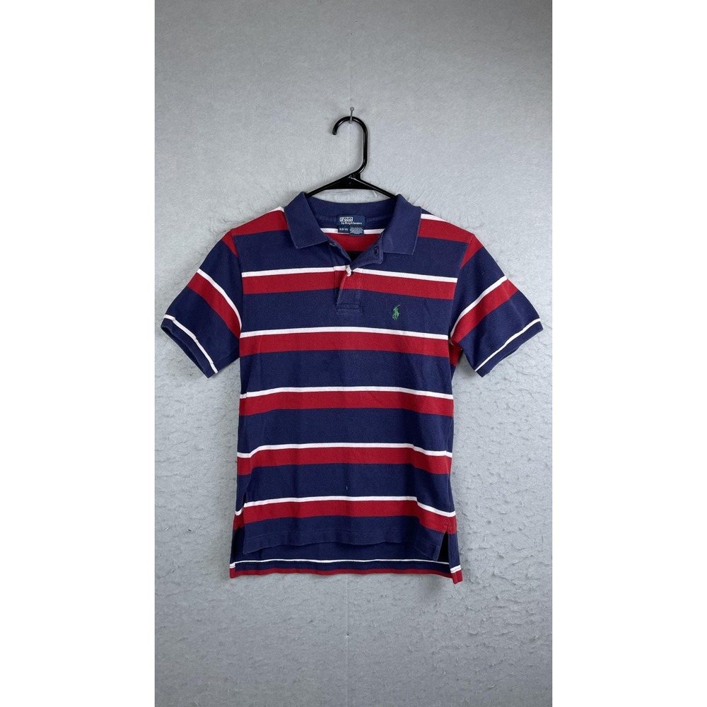 Polo Ralph Lauren Polo Shirt Youth Small 8/10 Navy Red Striped Pique Pony‎ Logo
